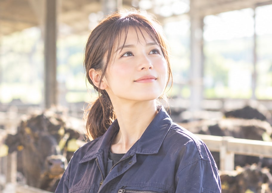 牛舎で前を見つめる畜産女子